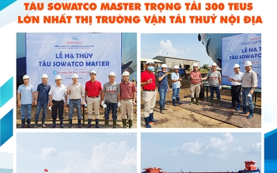 SOWATCO hạ thuỷ thành công tàu SOWATCO MASTER trọng tải 300 teus – lớn nhất thị trường vận tải thuỷ nội địa